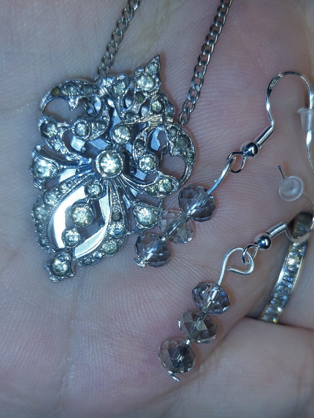 Upcycled Women's Silver Crystal Pendant Necklace and Earrings Set - Clear Gray